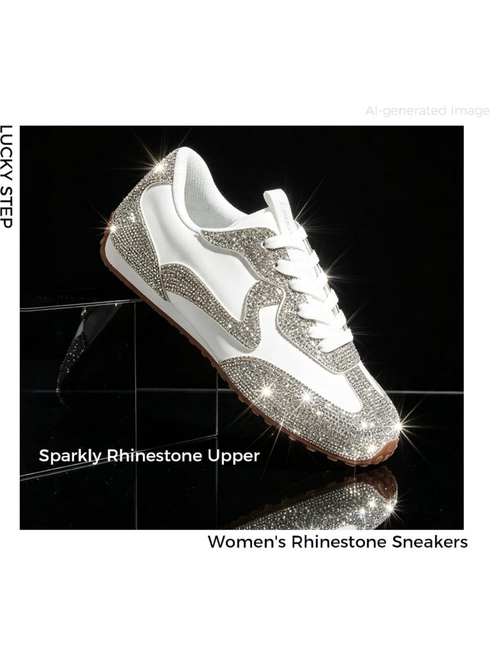 Women's White Sparkly Rhinestone Bling Bedazzled Low-Heel Thin Sole Sneakers - Picture 6 of 6
